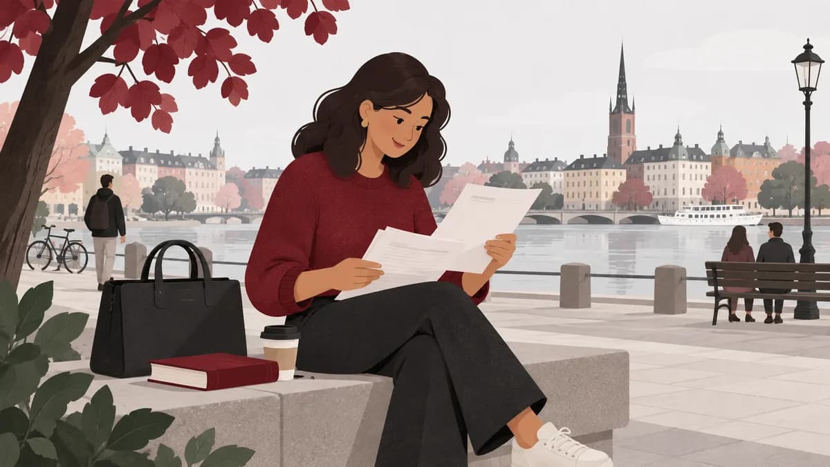 En nyutexaminerad vuxen går igenom ansökningspapper med en bok och arbetsväska bredvid.