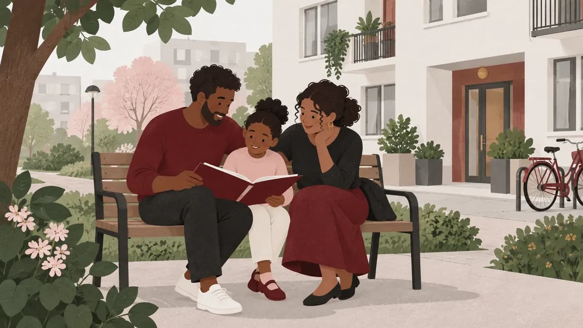 En familj sitter tillsammans med en dokumentmapp i knät.