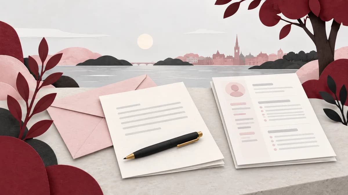 Ett personligt brev med penna och kuvert ligger intill ett separat CV.