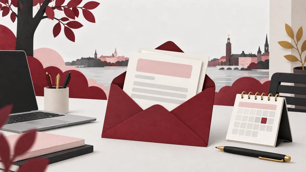 Ett öppet kuvert med ansökningspapper och en liten kalender framför en arbetsplats.