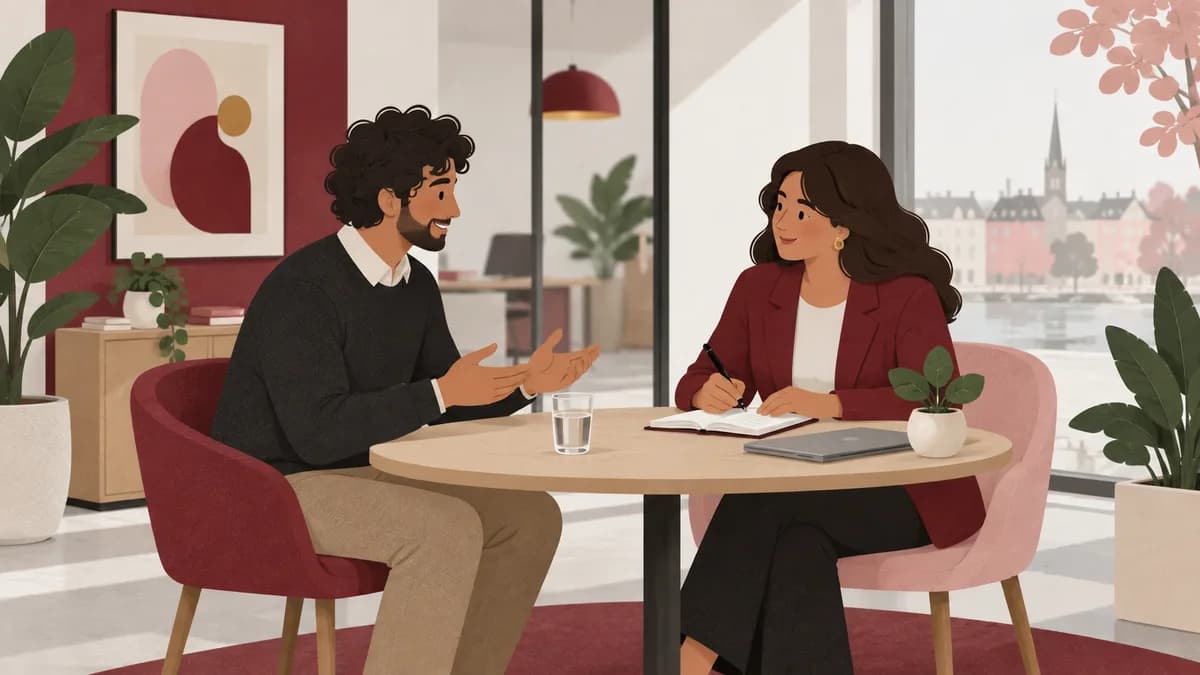 En arbetssökande och en intervjuare samtalar vid ett litet bord med anteckningsblock.
