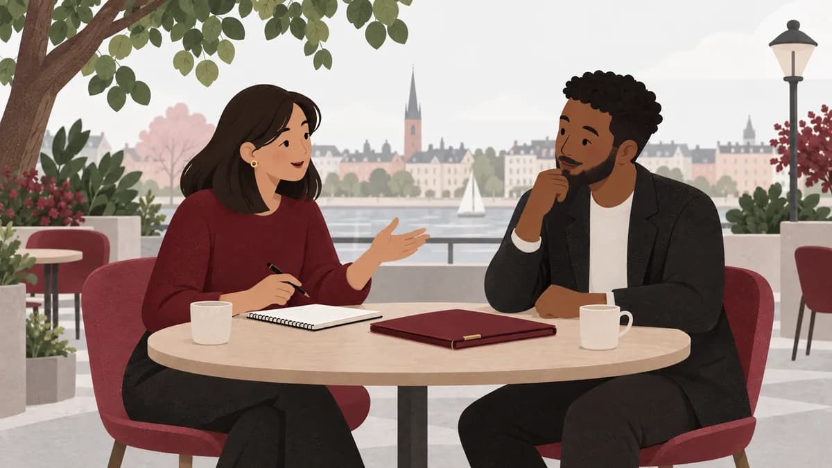 Två personer diskuterar ett anställningserbjudande med ett anteckningsblock och en stängd mapp mellan sig.