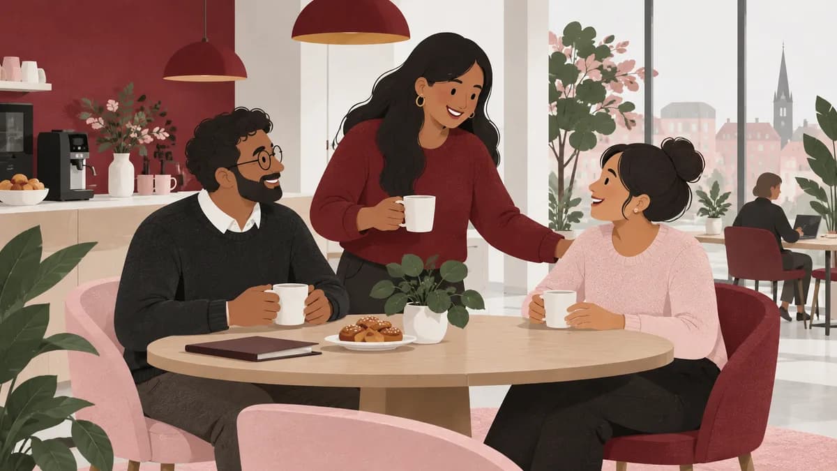 En kollega bjuder in en ny arbetskamrat till fikabordet där ytterligare en person sitter.