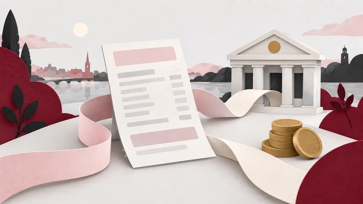 En lönespecifikation, en neutral bankbyggnad och några mynt förbinds av vikta pappersband.