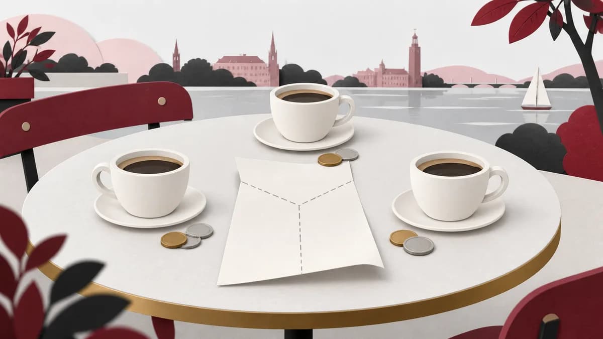 En restaurangnota utan text delas visuellt mellan tre kaffekoppar och små grupper av mynt.