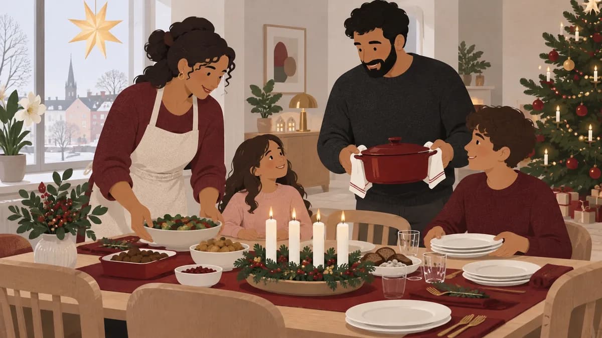 En familj förbereder en lugn julmiddag med adventsljus och gran i bakgrunden.