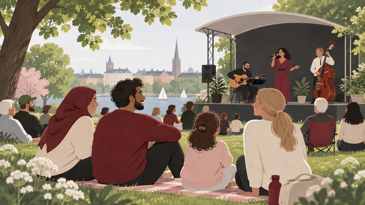 Människor samlas för en stillsam utomhuskonsert i en svensk stadspark under försommaren.