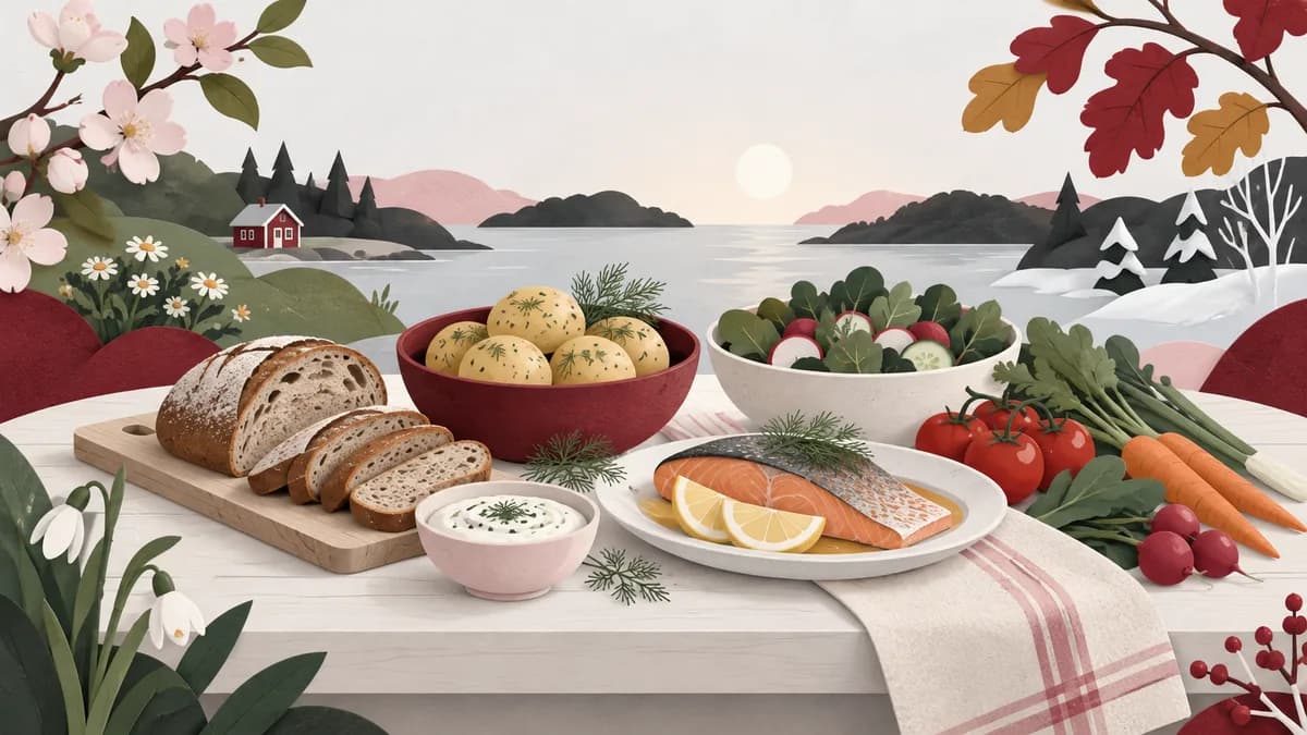 Ett bord med potatis, bröd, fisk och grönsaker samt små årstidsmotiv runt kanten.