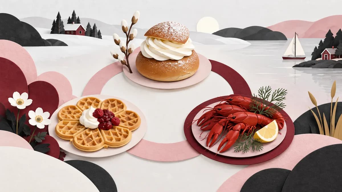 En semla, en våffla och kräftor serverade på tre ljusa fat.