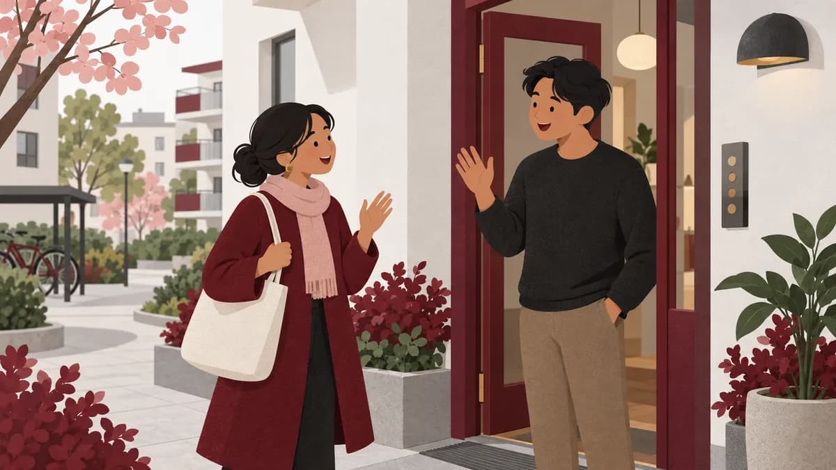 Två grannar hälsar på varandra vid porten till ett bostadshus.