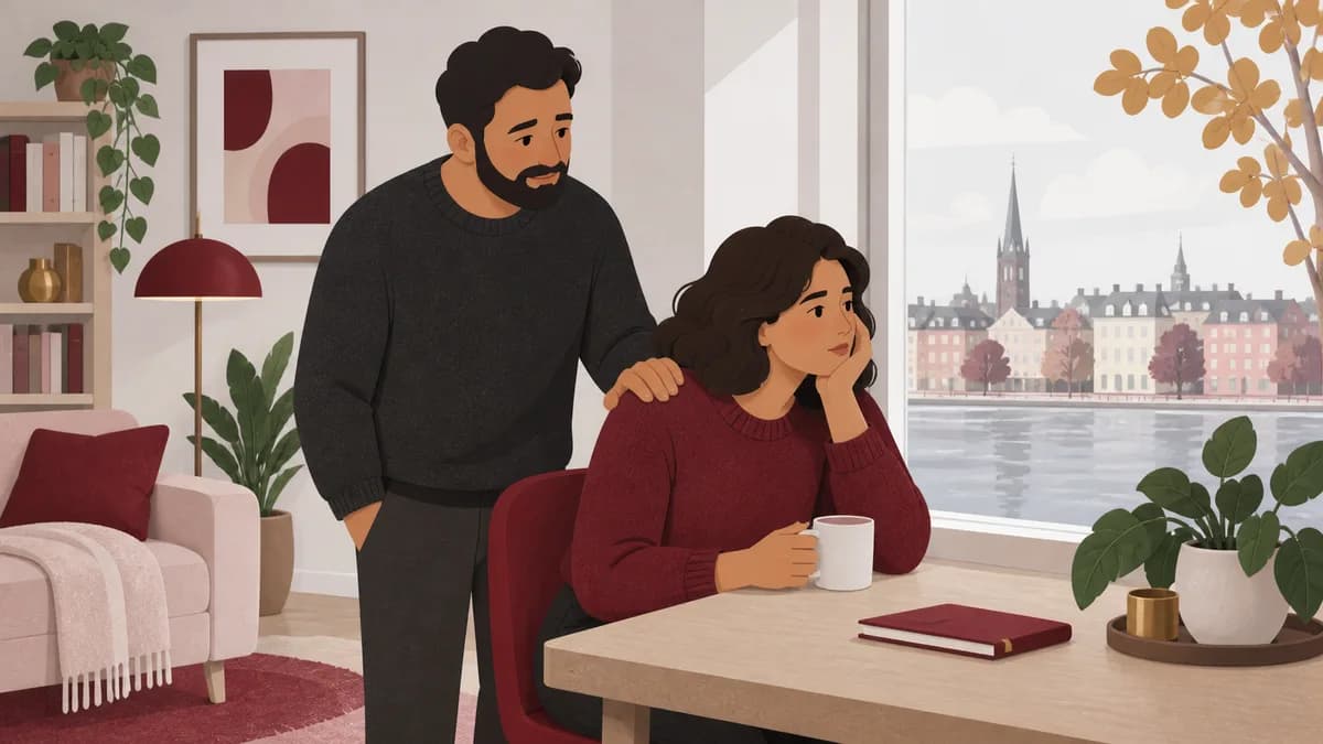 En vuxen sitter eftertänksamt vid ett fönster med en kopp, medan en bekant närmar sig varsamt.