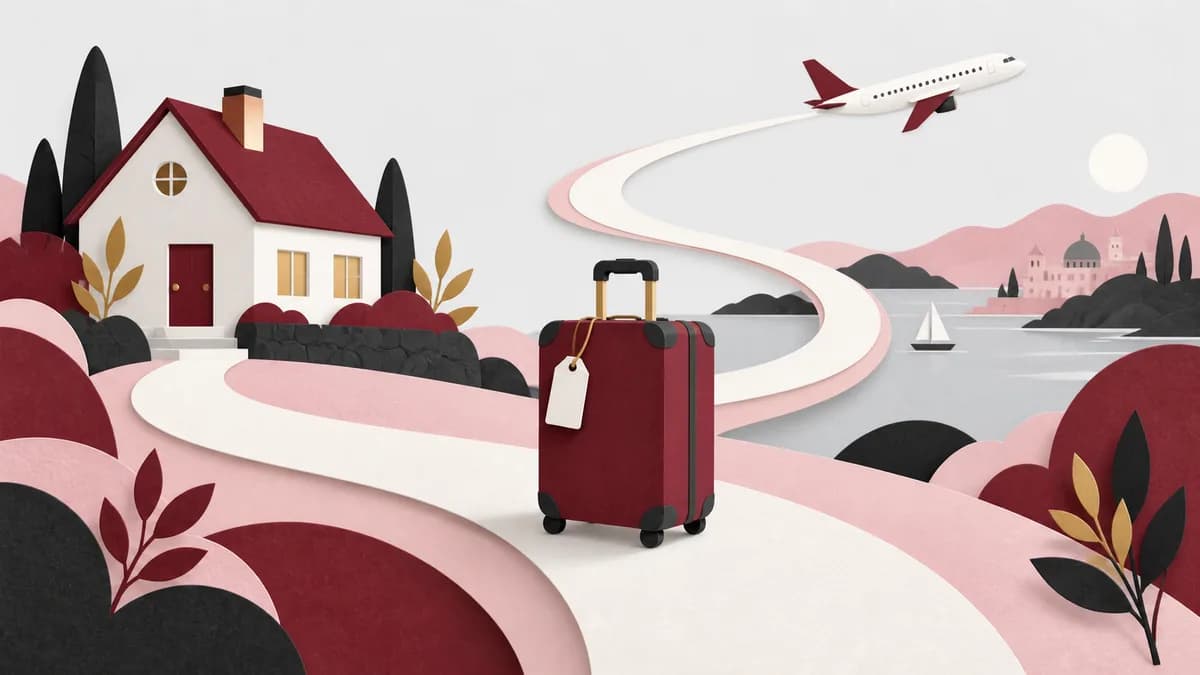 En resväska och ett litet flygplan vid en pappersväg som lämnar och återvänder till samma hem.