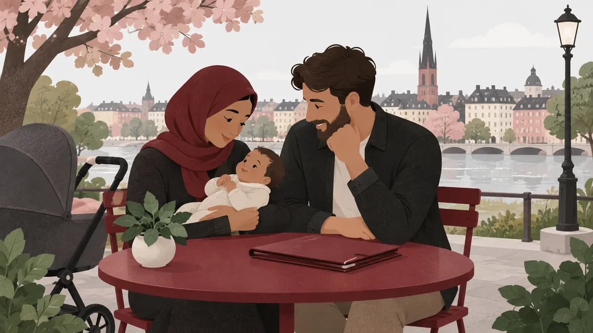 Två föräldrar sitter med ett spädbarn i famnen och en stängd dokumentmapp på bordet.