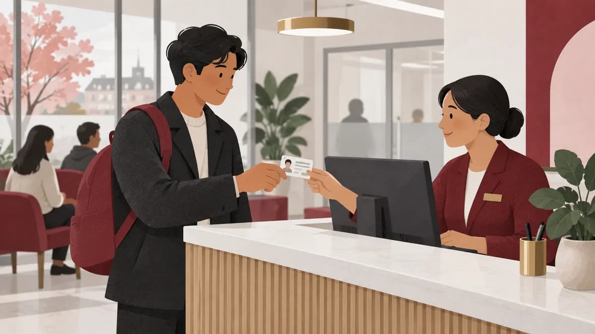 En besökare visar ett neutralt identitetskort för en handläggare över en servicedisk.