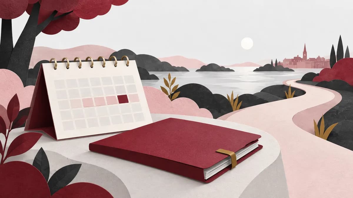 En öppen kalender och en stängd ansökningsmapp längs en väg som fortsätter bortom bildkanten.