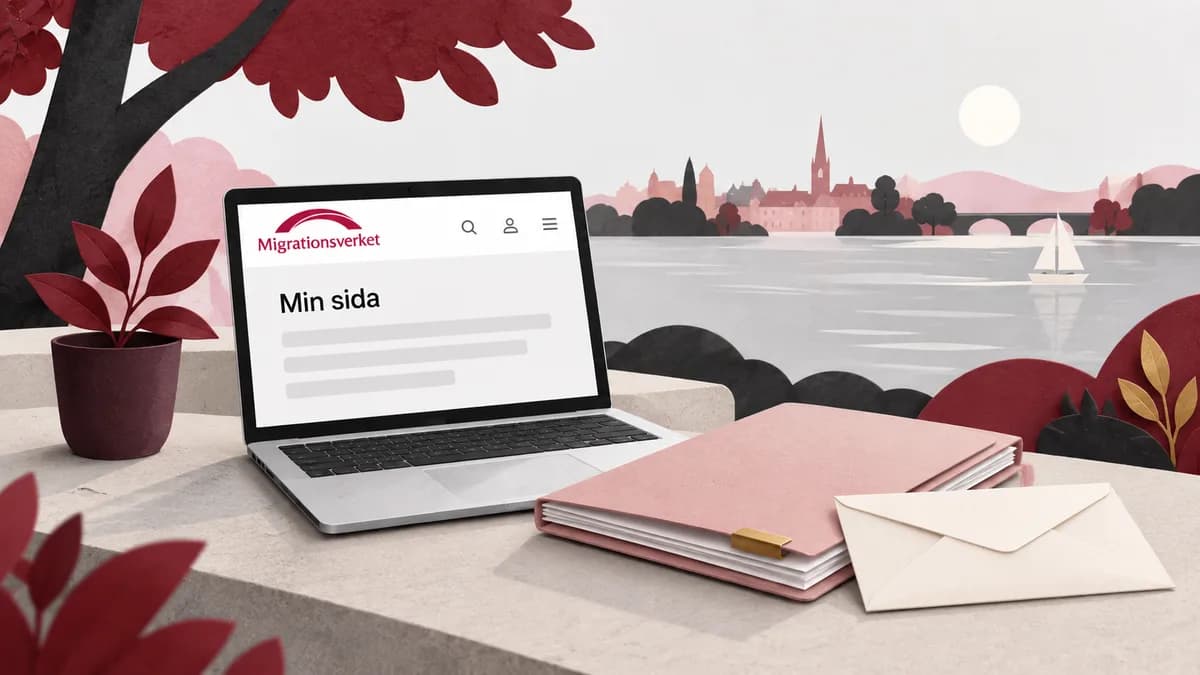 En dator med Migrationsverkets webbplats står bredvid en ansökningsmapp och ett kuvert.