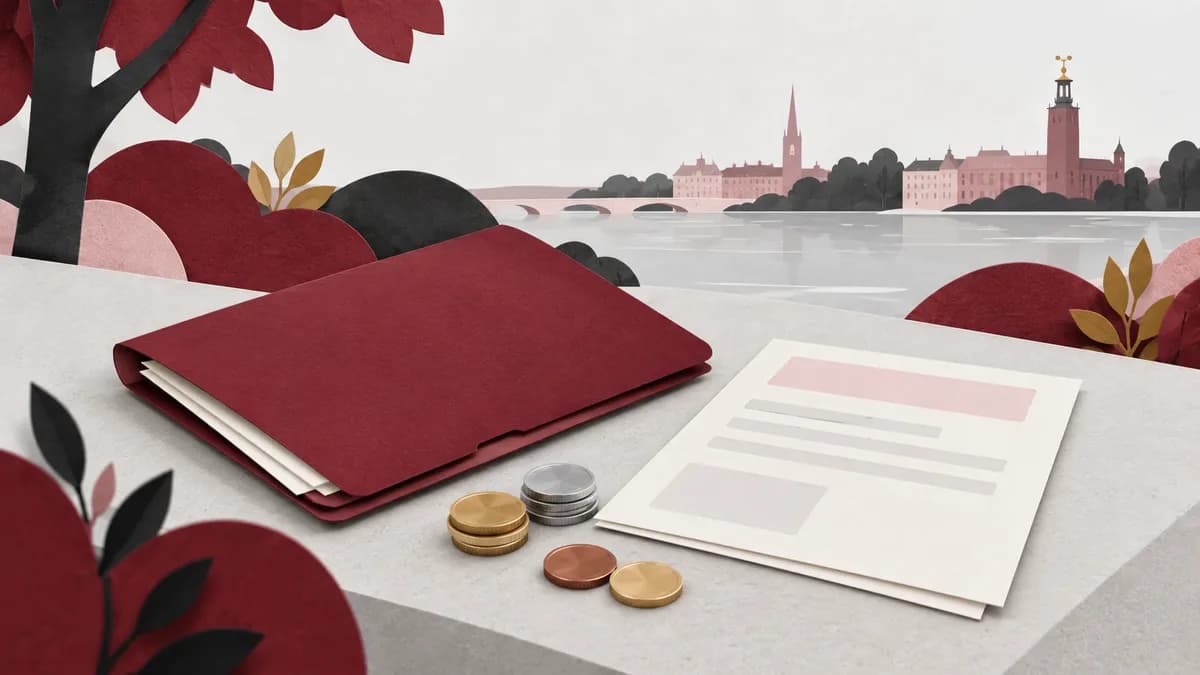 Några neutrala mynt och ett blankt betalningsunderlag ligger bredvid en ansökningsmapp.
