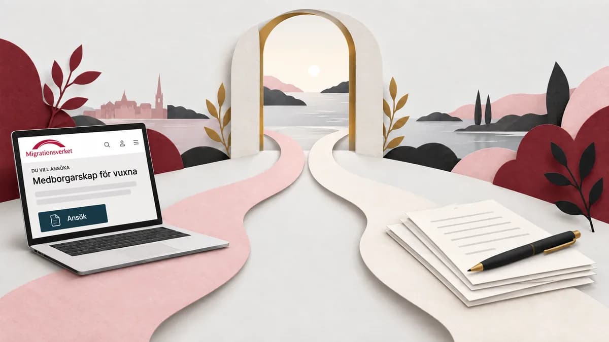 Dator med Migrationsverkets webbplats och pappersblanketter framför två vägar mot en öppen portal.