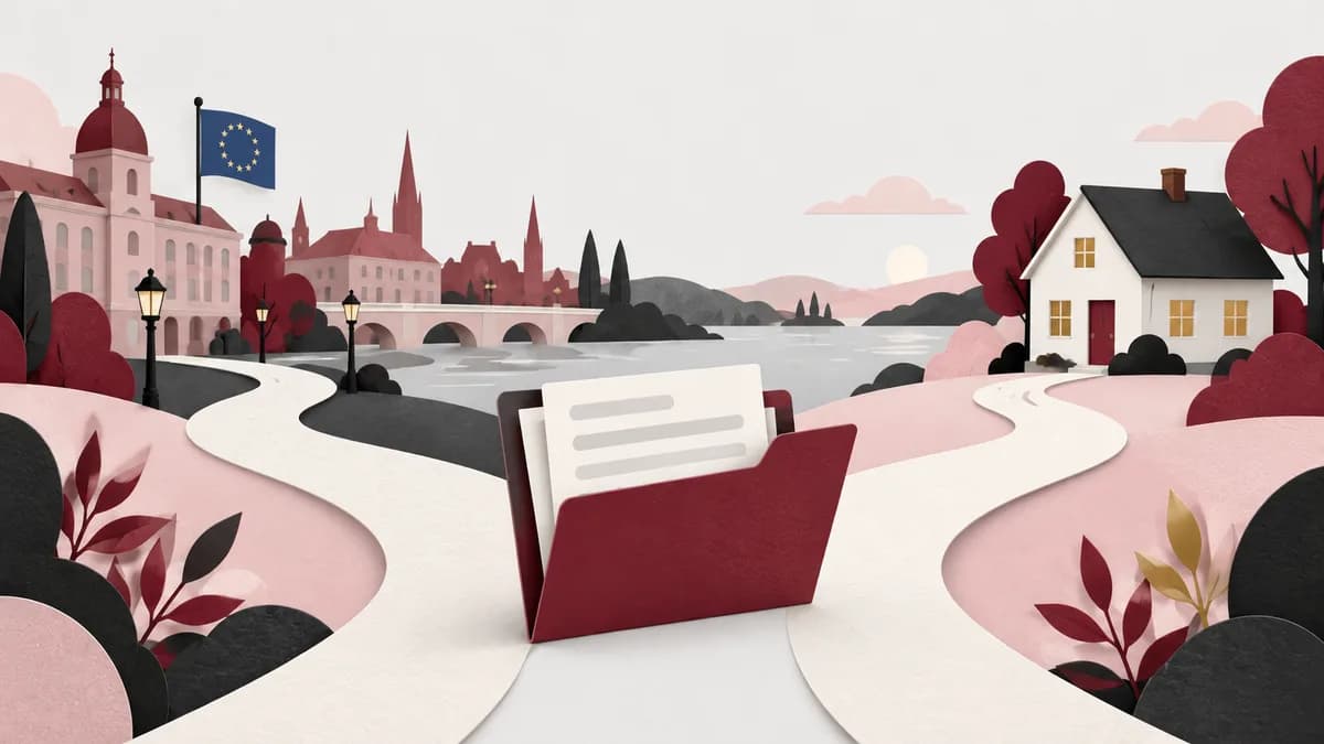 En öppen väg mellan europeiska stadshus förbinds med ett hem och en dokumentmapp.