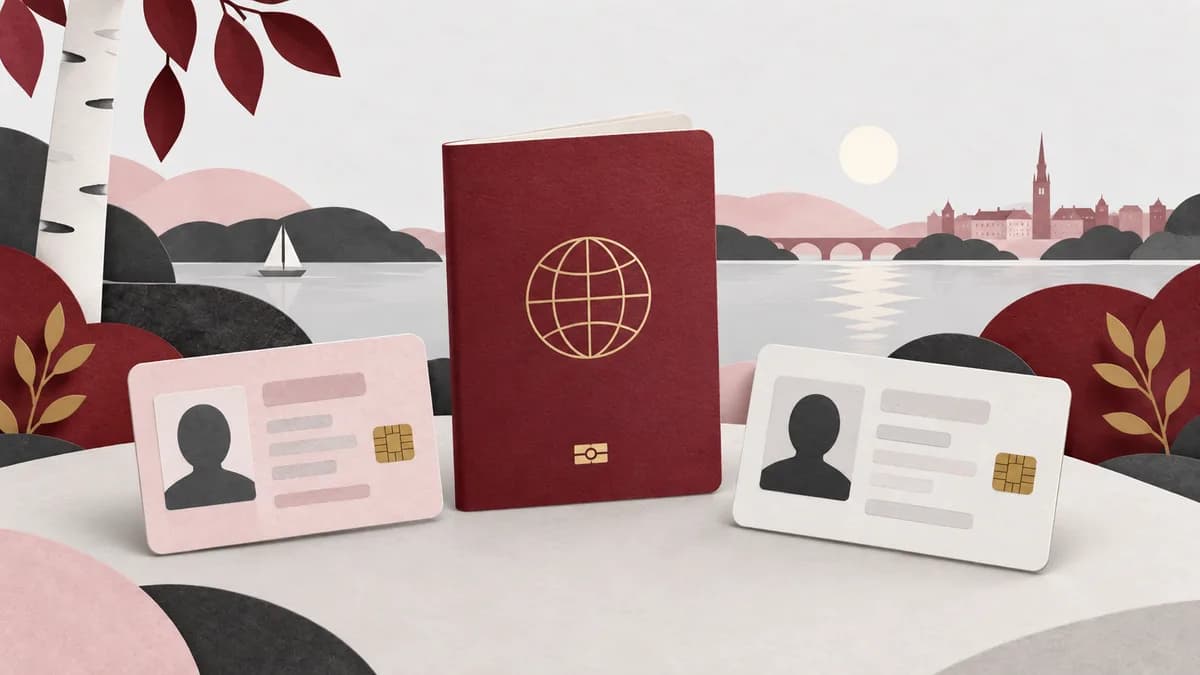 Ett neutralt resedokument och två olika neutrala identitetskort presenteras tydligt sida vid sida.