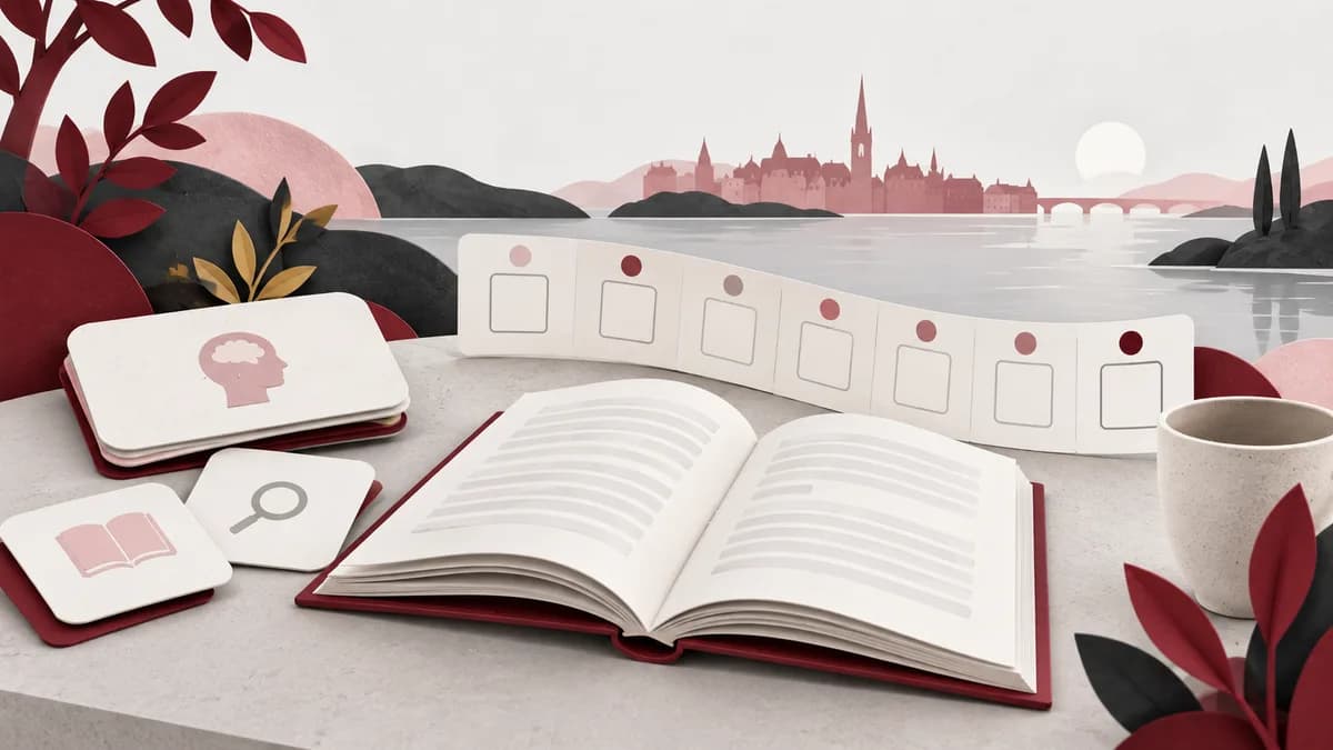 En öppen bok, studiekort och ett band med kalenderblad.