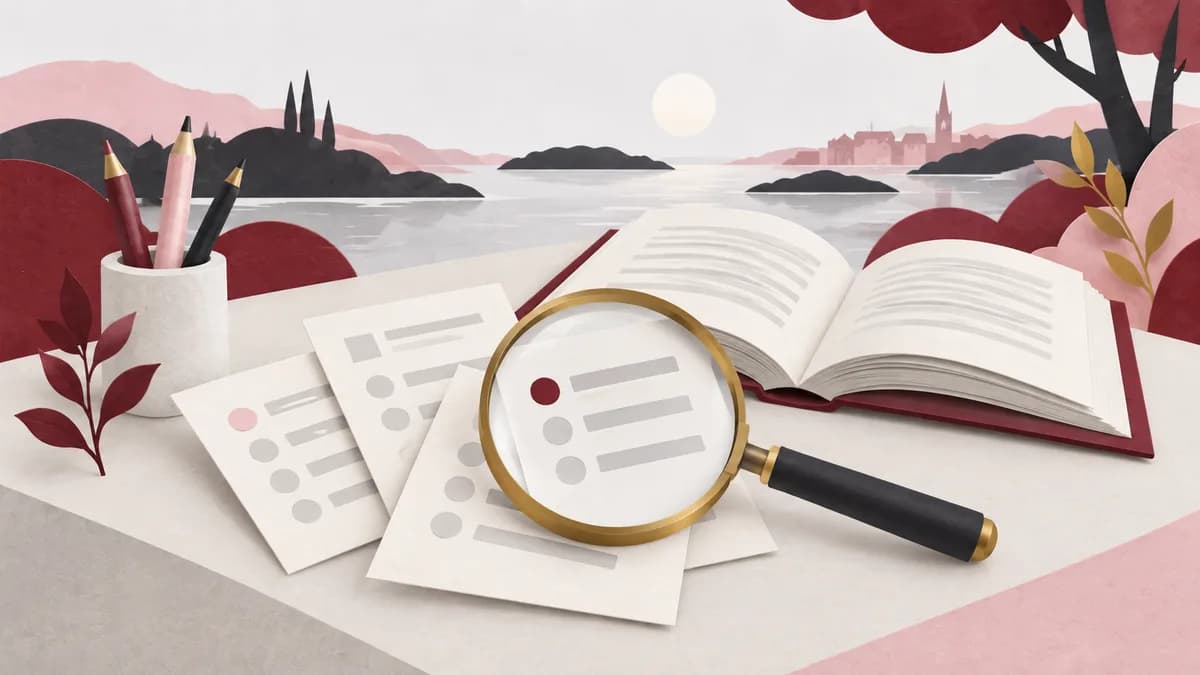 En liten samling neutrala exempeluppgifter granskas med ett förstoringsglas vid en öppen bok.