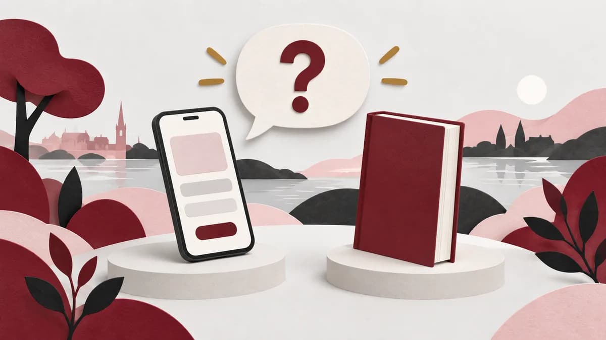 En mobiltelefon och en bok med ett frågetecken ovanför.