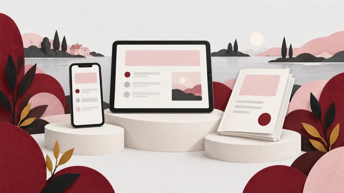 En neutral mobiltelefon, surfplatta och pappershäfte står sida vid sida som tre studieformat.