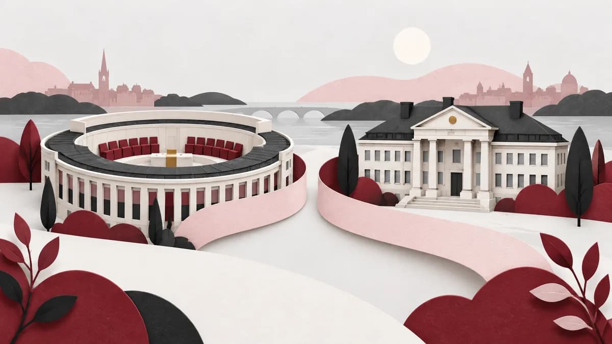 En riksdagssal och en regeringsbyggnad sida vid sida, med pappersvägar mellan dem.