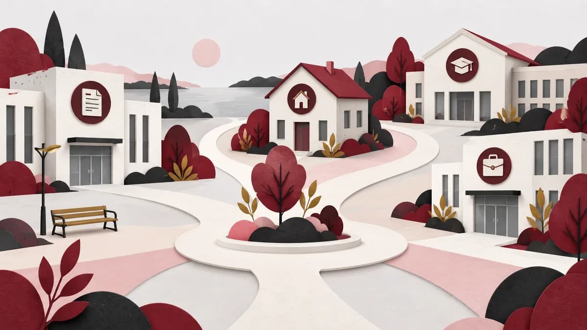 Olika servicebyggnader med symboler för dokument, hem, studier och arbete bildar en liten stad.