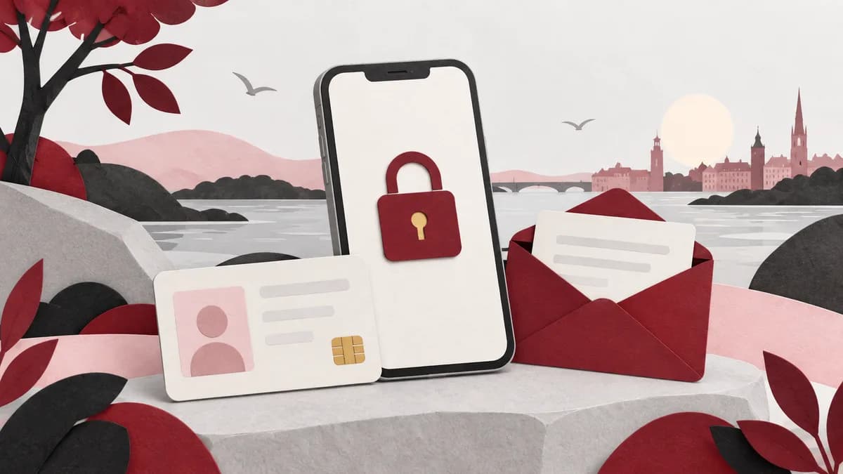 En neutral telefon med låssymbol, ett digitalt kuvert och ett identitetskort utan personuppgifter.