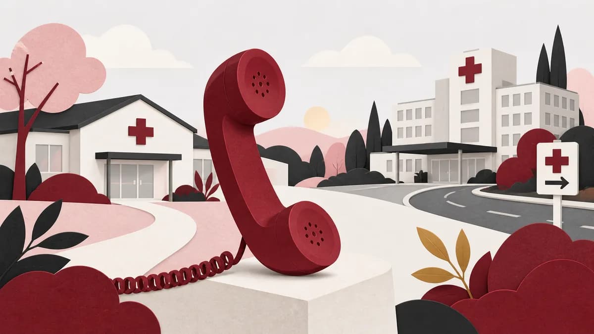 En vårdcentral, ett telefonhandtag och en större vårdbyggnad med neutrala vårdkors.