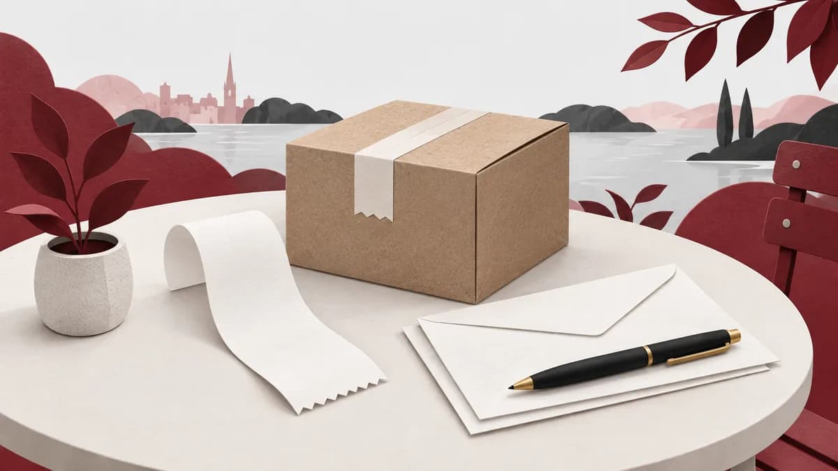 Ett paket, ett tomt kvitto och ett brev med en penna ordnas på ett bord.