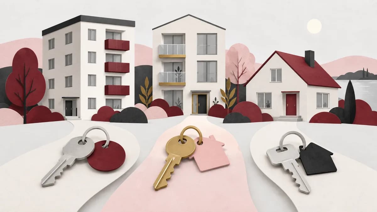 Tre olika bostadshus med varsin nyckel i förgrunden.