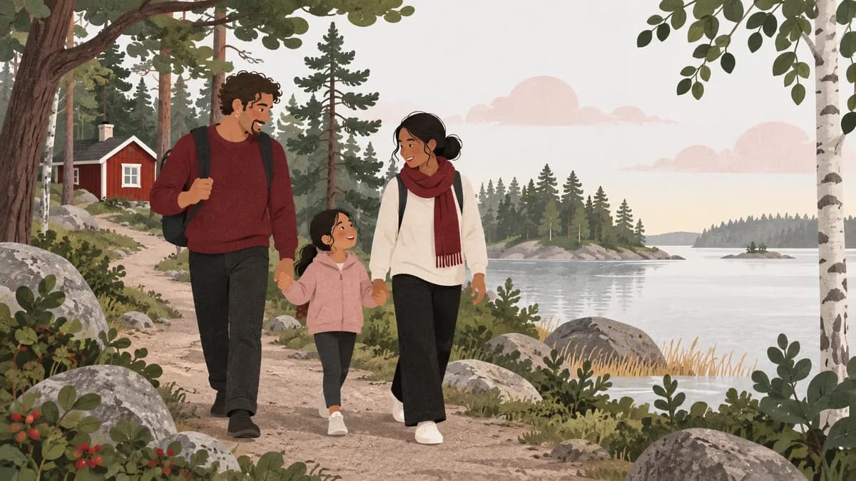 En familj promenerar längs en skogsstig vid en sjö.