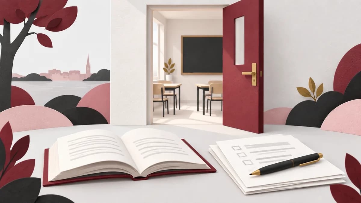 En öppen klassrumsdörr med en bok och neutrala anmälningspapper framför.