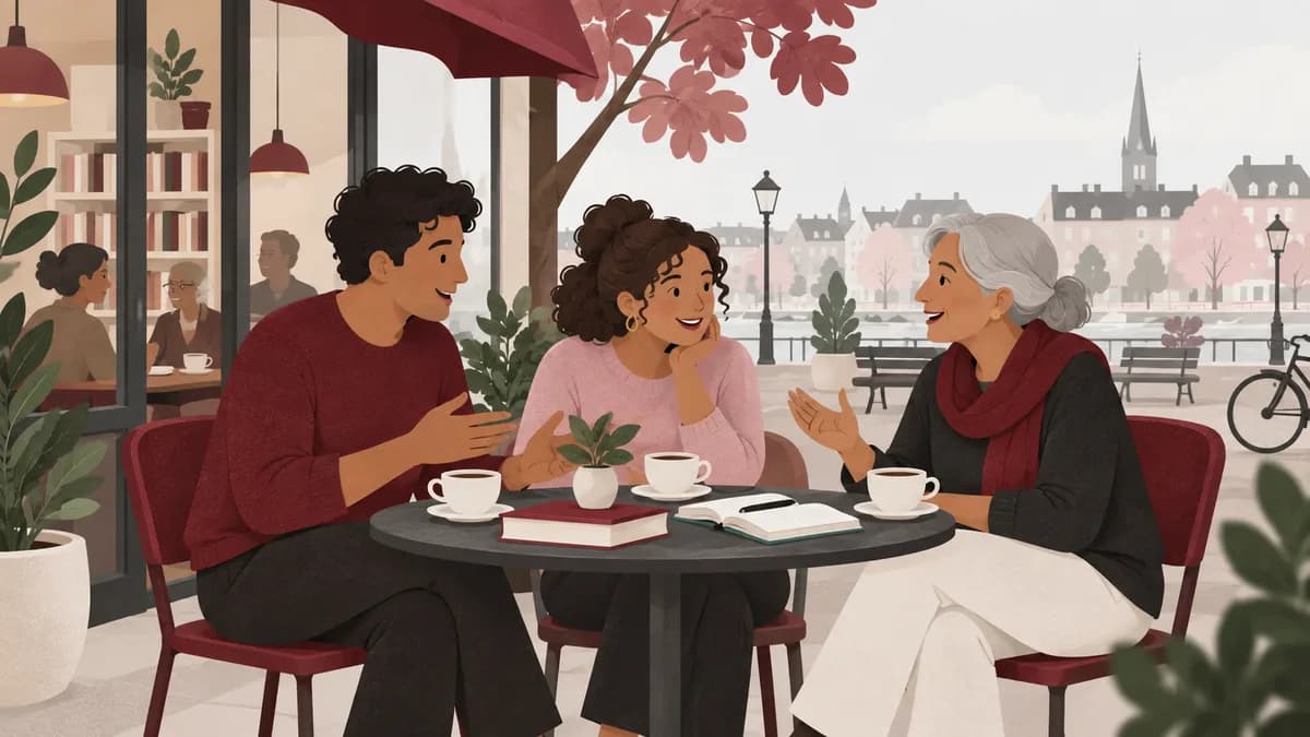 Tre vuxna i olika åldrar samtalar över kaffe och böcker vid ett språkcafé.