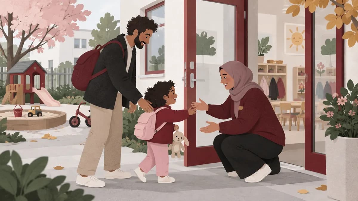 En förälder följer ett litet barn till en pedagog vid förskolans entré.