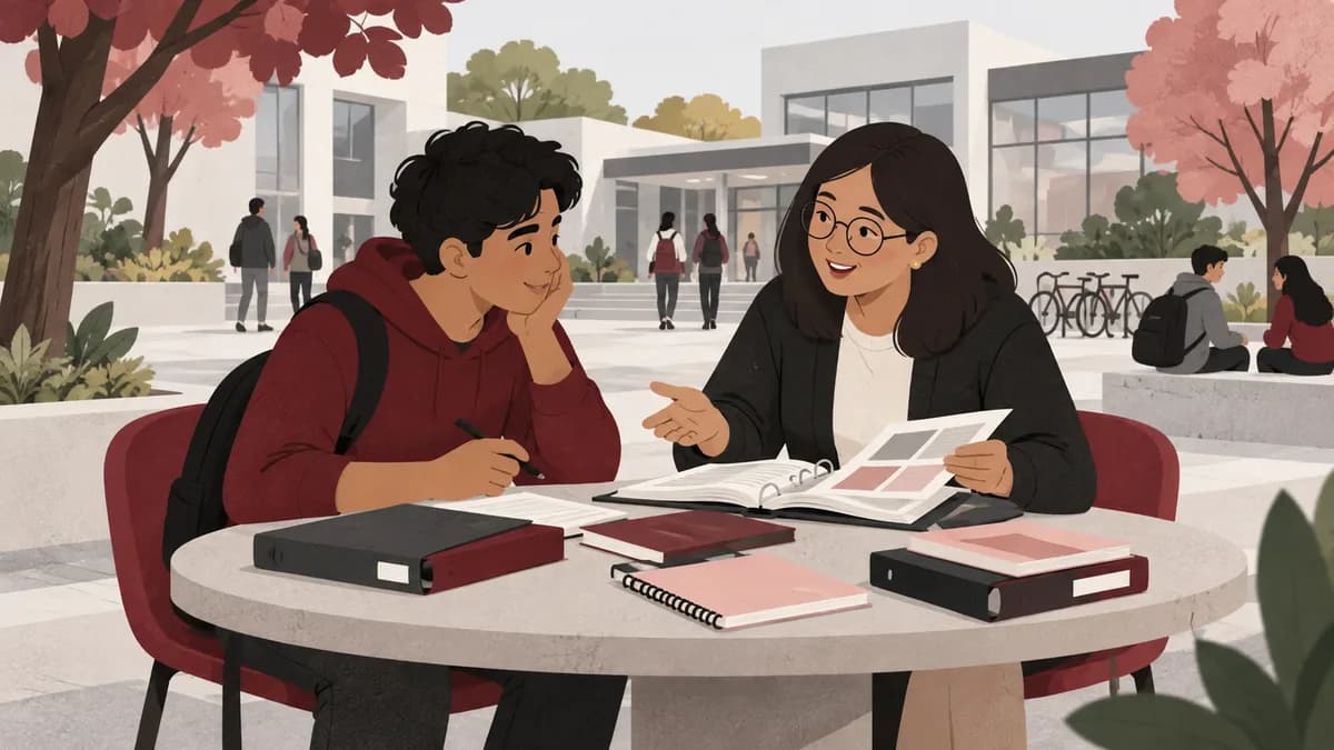 En tonåring och en vägledare samtalar med flera olika studiemappar på bordet.