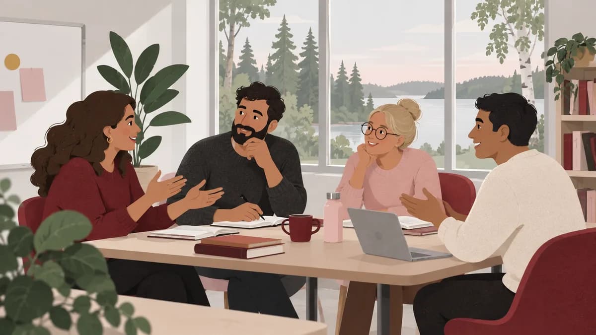 Vuxna elever deltar i en liten samtalsgrupp i ett ljust klassrum med utsikt mot naturen.