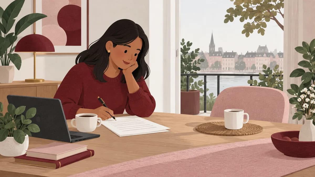 En person skriver ett inbjudningsbrev vid ett bord med en extra kaffekopp och stol för en gäst.