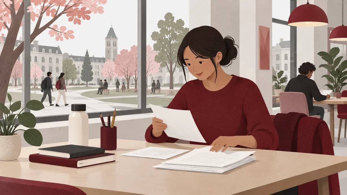 En student förbereder dokument och böcker inför studier.