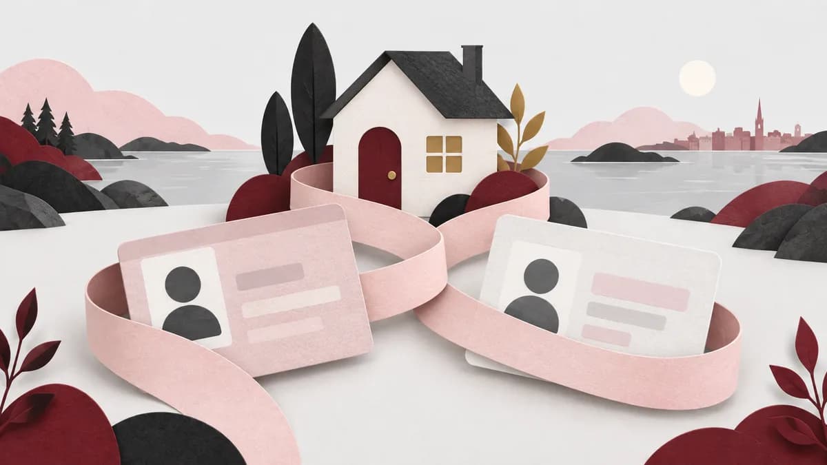 Två neutrala identitetskort och ett familjehem binds samman av ett mjukt pappersband.