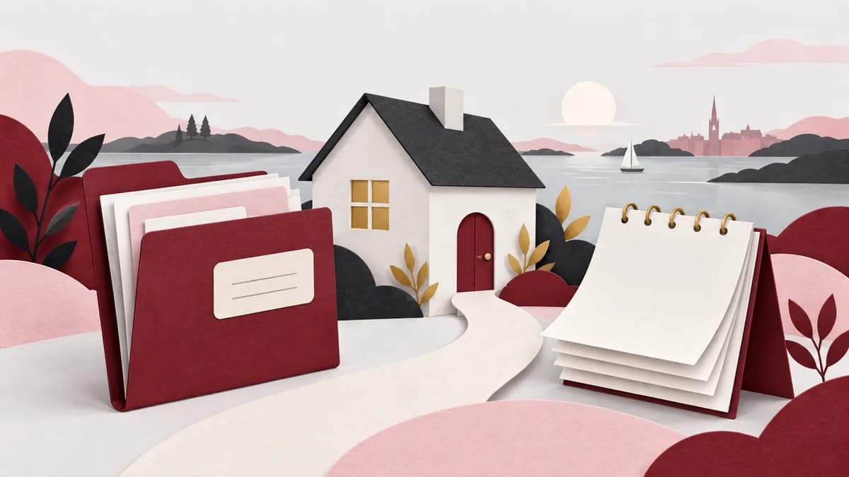 En dokumentmapp och ett stadigvarande hem står vid en kalender med flera tomma blad.