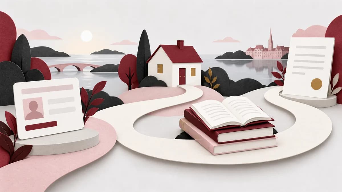 En lång sammanhängande pappersväg löper mellan tillståndsdokument, hem, studiebok och ett nytt dokument.